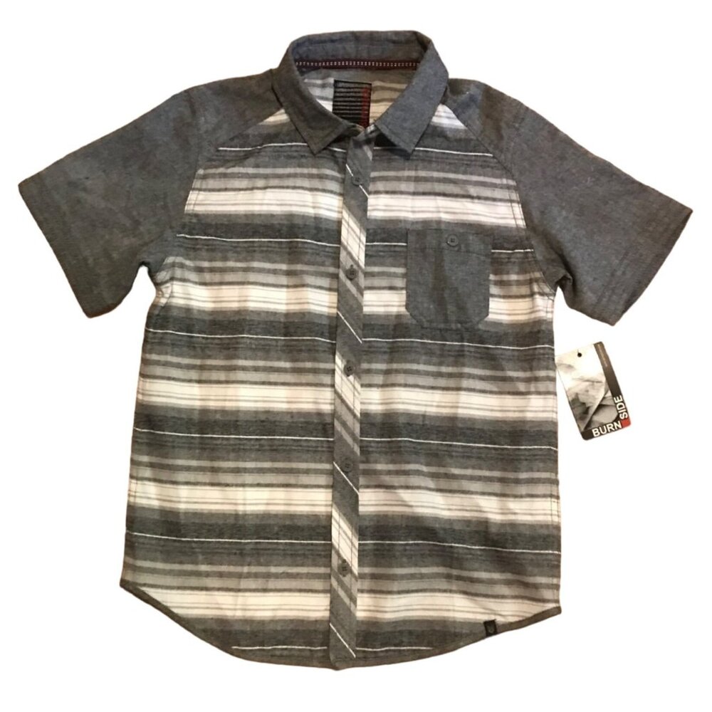 Burn Side Shirt Mens Med Gray Striped Short Sleeve Button Up Pocket Casual New